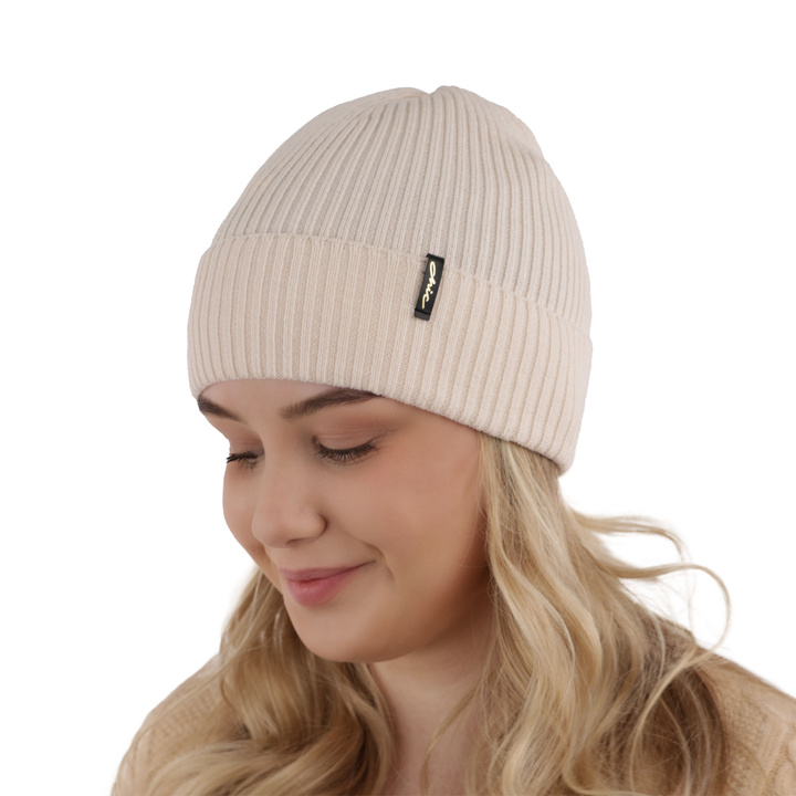 Czapka zimowa damska, beżowa, 100% wełniana merino Megan