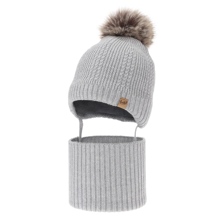 Czapka i komin dla chłopca, zimowy komplet, szary, 100% wełniany merino, podszyty wełnianym polarem, wiązany Danny