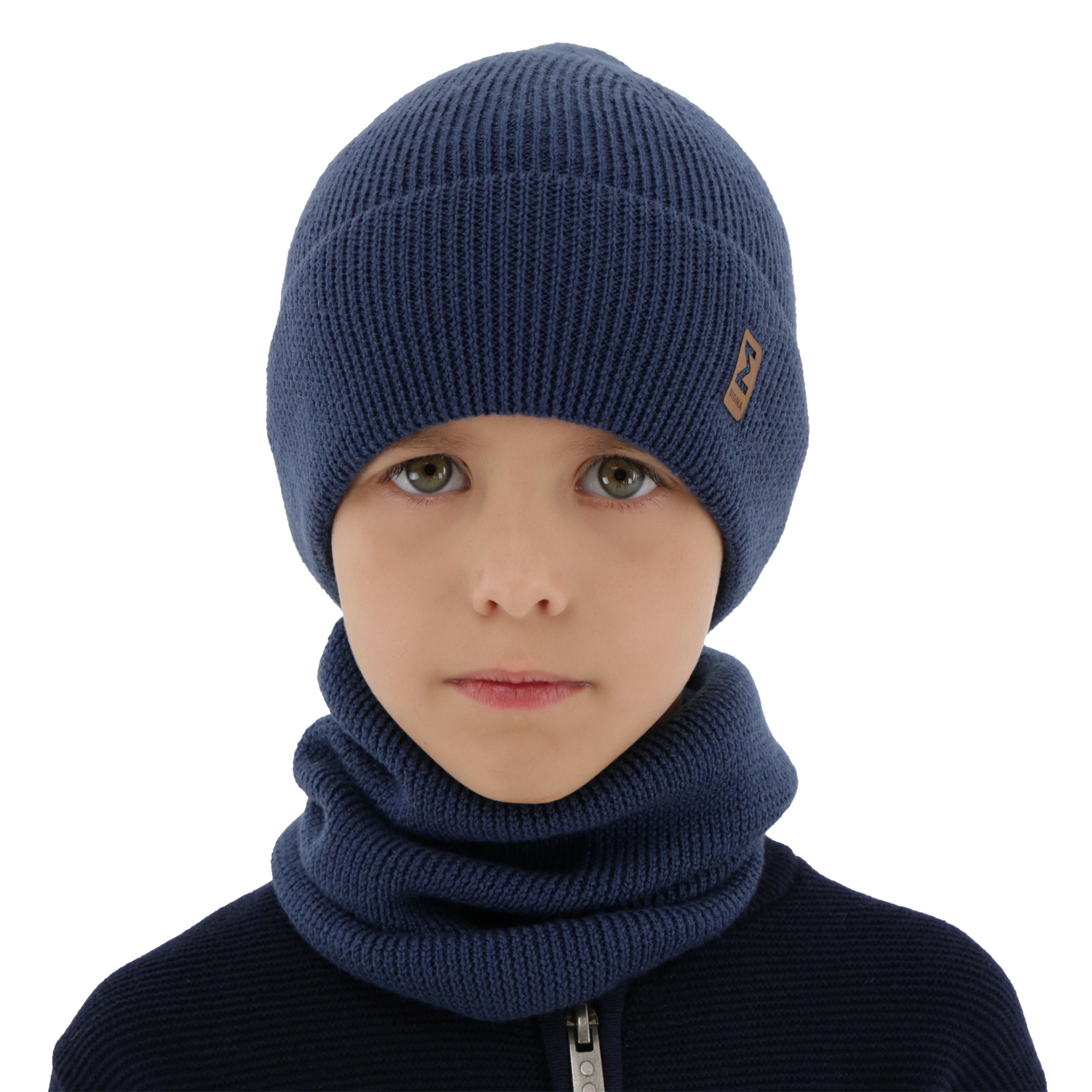 Czapka i komin dla chłopca jesienny, wiosenny komplet, niebieski, 100% wełniany merino Bruce