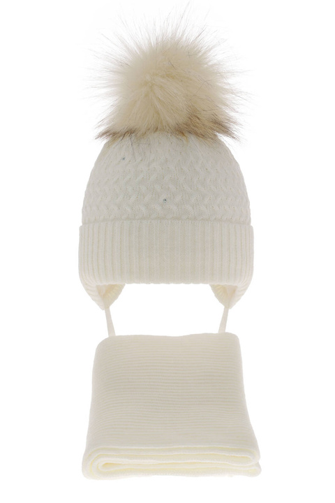 Czapka i szalik dla dziewczynki zimowy komplet, kremowy, z pomponem, wiązany Zelta