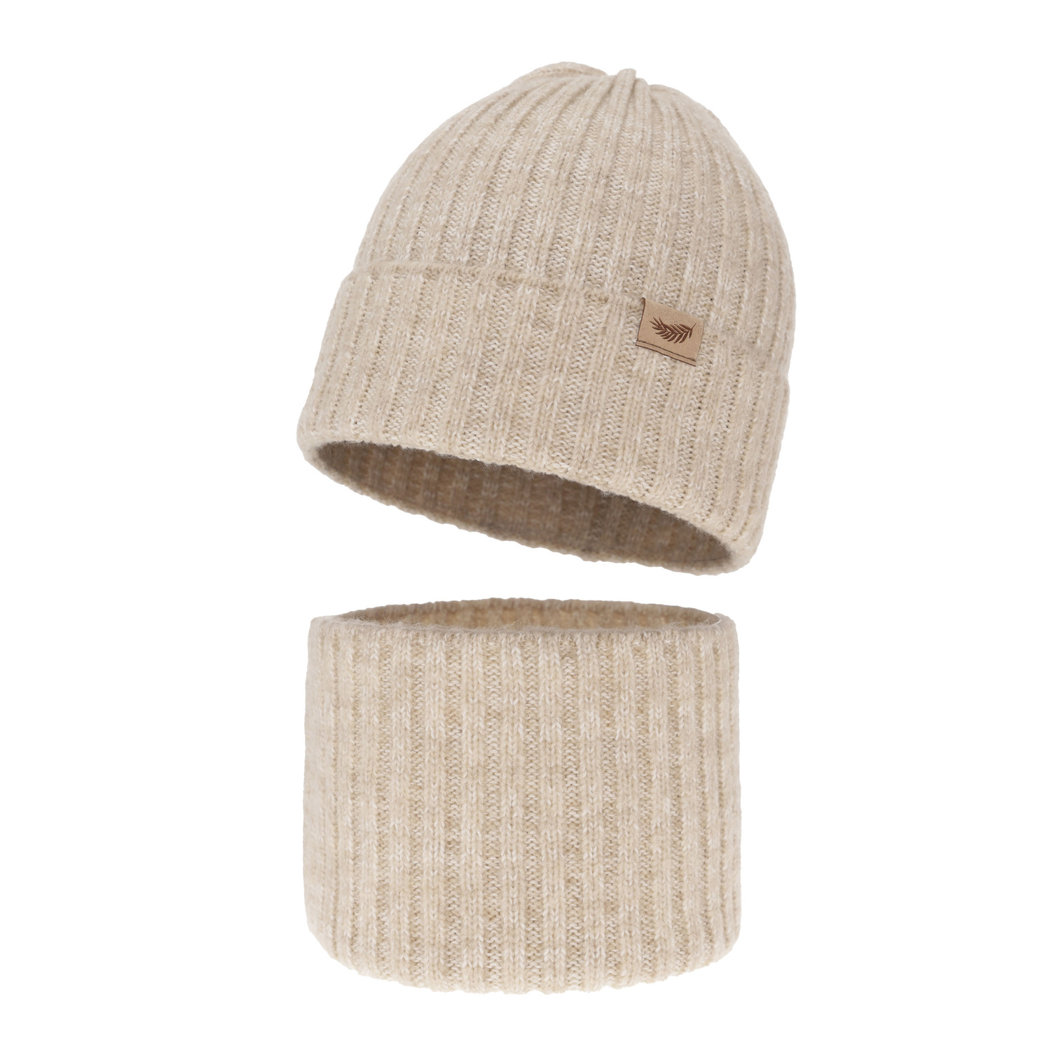 Czapka i komin dla dziewczynki zimowy komplet, beżowy, z wełną merino Karmina