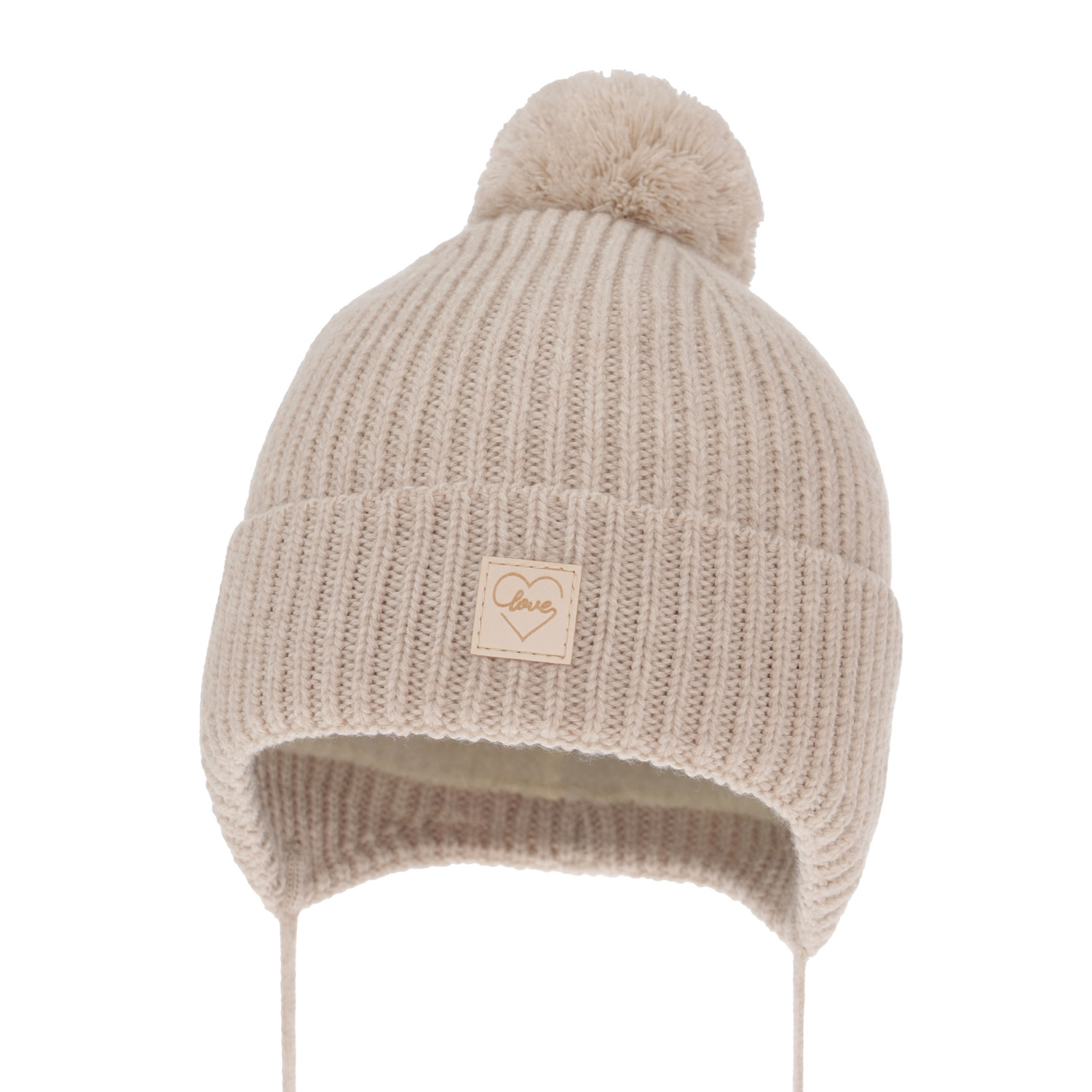 Czapka zimowa dla dziewczynki, beżowa, 100% wełniana merino, podszyta wełnianym polarem, z pomponem, wiązana Havana