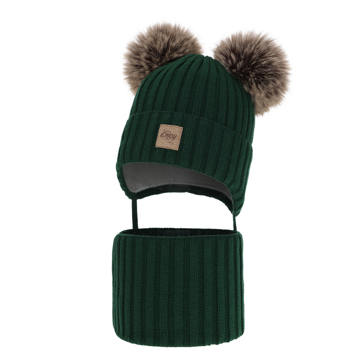 Czapka i komin dla chłopca zimowy komplet, zielony, z dwoma pomponami, wiązany Orange