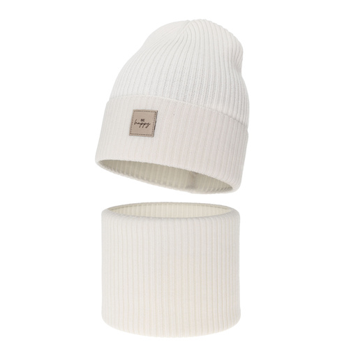 Czapka i komin dla dziewczynki, jesienny, wiosenny komplet, biały, 100% wełniany merino, Vanita