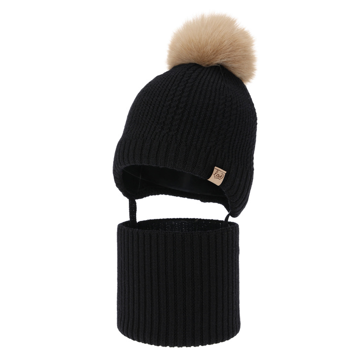 Czapka i komin dla dziewczynki zimowy komplet, czarny, 100% wełniany merino, podszyty wełnianym polarem, wiązany Danielle