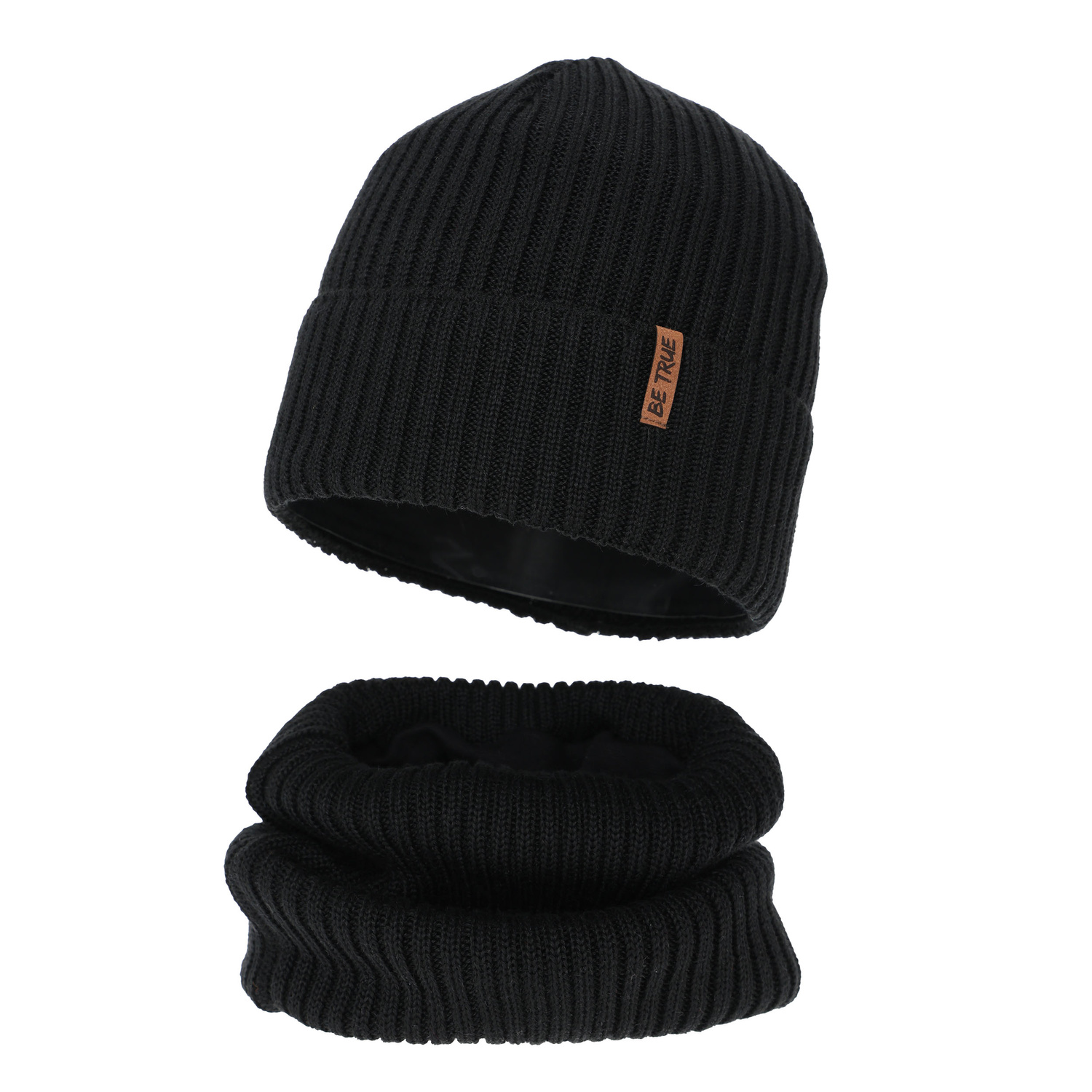 Czapka i komin podszyty bawełną dla chłopca zimowy komplet, czarny, z wełną merino, Colton