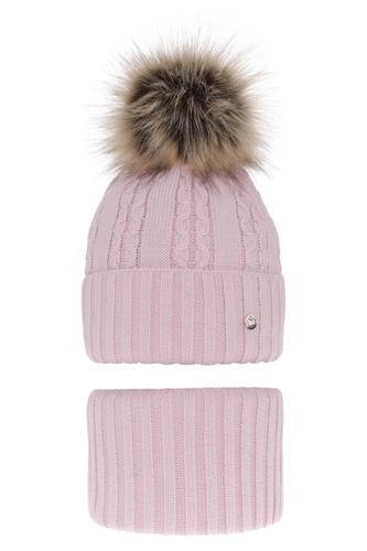 Czapka i komin dla dziewczynki zimowy komplet, liliowy, z pomponem Felia