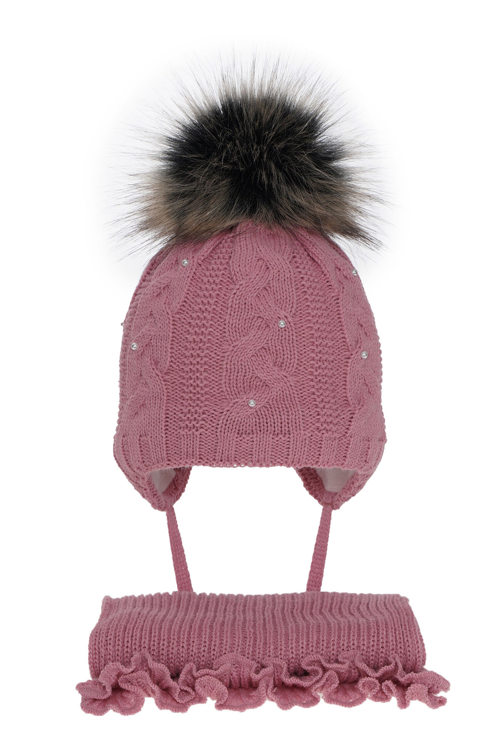 Czapka i szalik dla dziewczynki zimowy komplet, różowy, z pomponem Mirella