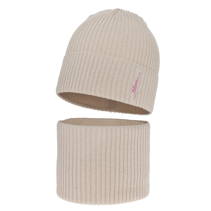 Czapka i komin dla dziewczynki jesienny, wiosenny komplet, z bawełną, beżowy Elvara