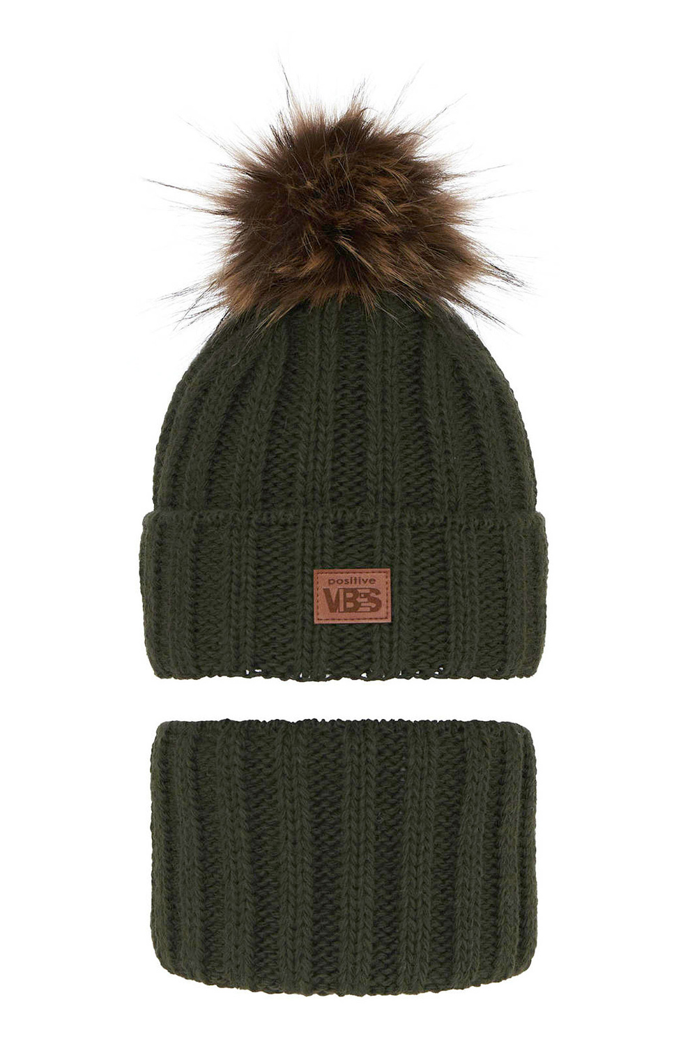 Czapka i komin dla chłopca zimowy komplet, khaki, z pomponem Remes