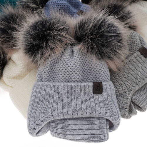 Czapka i komin dla chłopca zimowy komplet, szmaragdowy, z dwoma pomponami, wiązany Randel