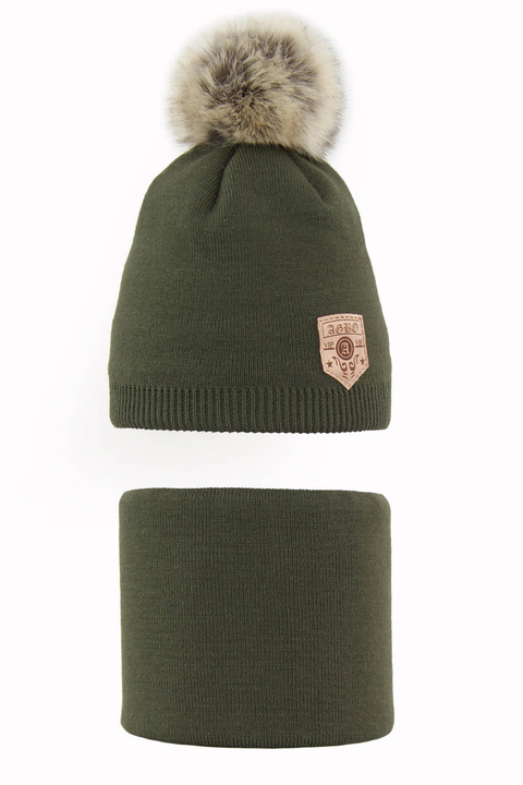 Czapka i komin dla chłopca zimowy komplet, khaki Apolin