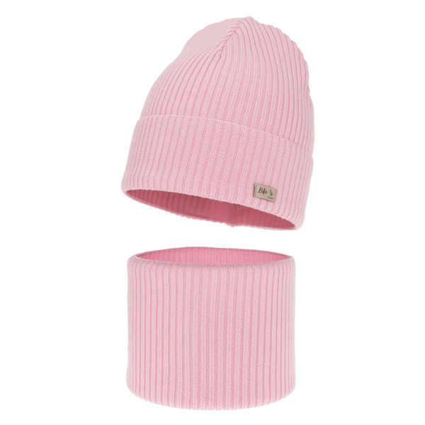 Czapka i komin dla dziewczynki jesienny, wiosenny komplet, różowy, 100% wełniana merino Itra