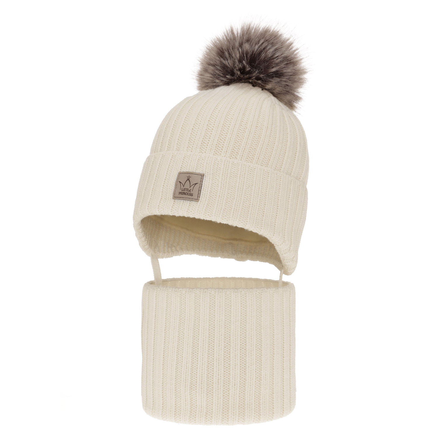 Czapka i komin dla dziewczynki zimowy komplet, kremowy, 100% wełniana merino, podszyta wełnianym polarem, wiązany Martina