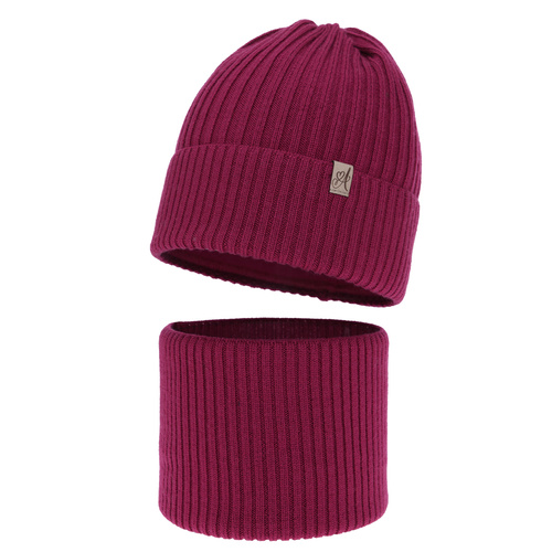 Czapka i komin dla dziewczynki, zimowy komplet, amarantowy, 100% wełniany merino, Patricia