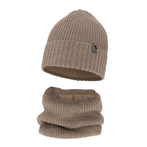 Czapka i komin dla chłopca zimowy komplet, beżowy, wełniany merino Gecko