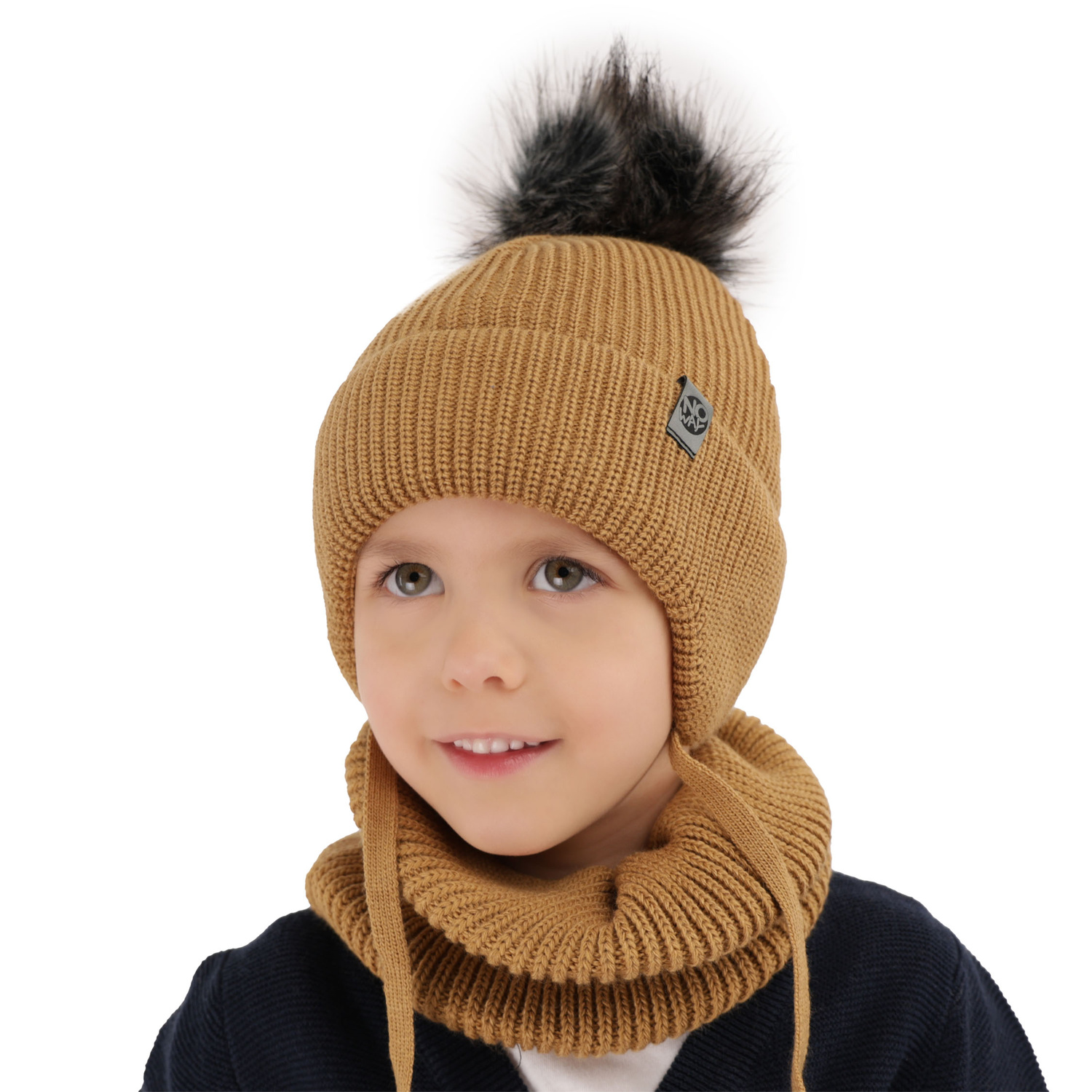 Czapka i komin dla chłopca zimowy komplet, camel, z pomponem, wiązany Honed