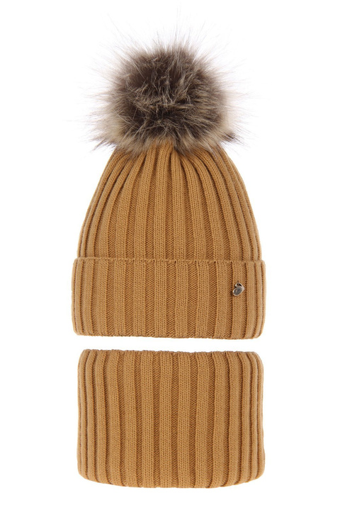 Czapka i komin dla dziewczynki zimowy komplet, camelowy Wilma