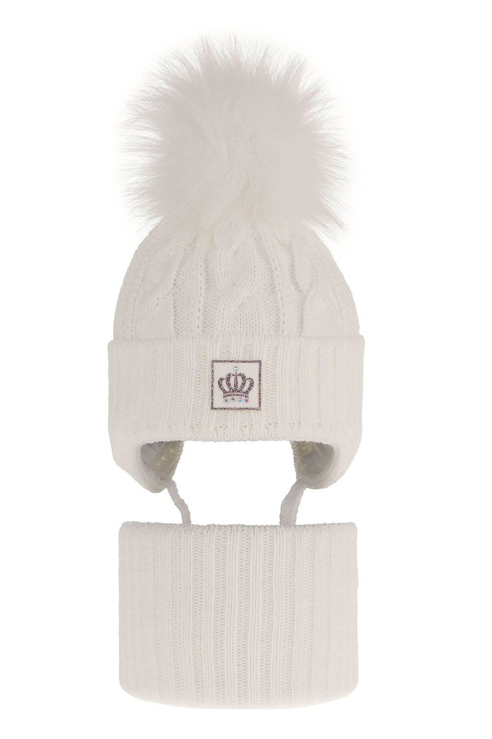 Czapka i komin dla dziewczynki zimowy komplet, biały, z pomponem, wiązany Tigra