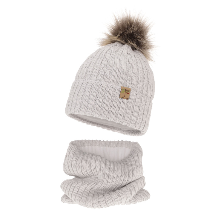Czapka i komin dla dziewczynki zimowy komplet, jasnoszary, z pomponem, wełniany merino Aprilia