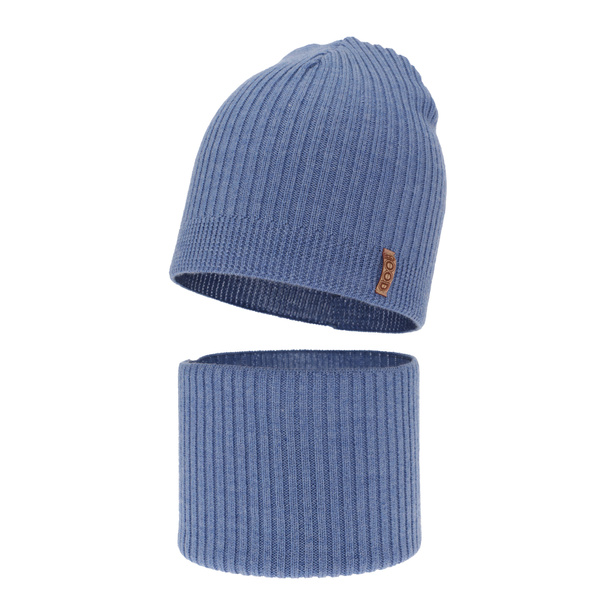 Czapka i komin dla chłopca jesienny, wiosenny komplet, niebieski, 100% wełniany merino Chester