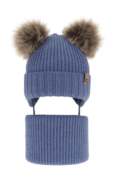 Czapka i komin dla chłopca zimowy komplet, niebieski, 100% wełniany merino, wiązany Konor