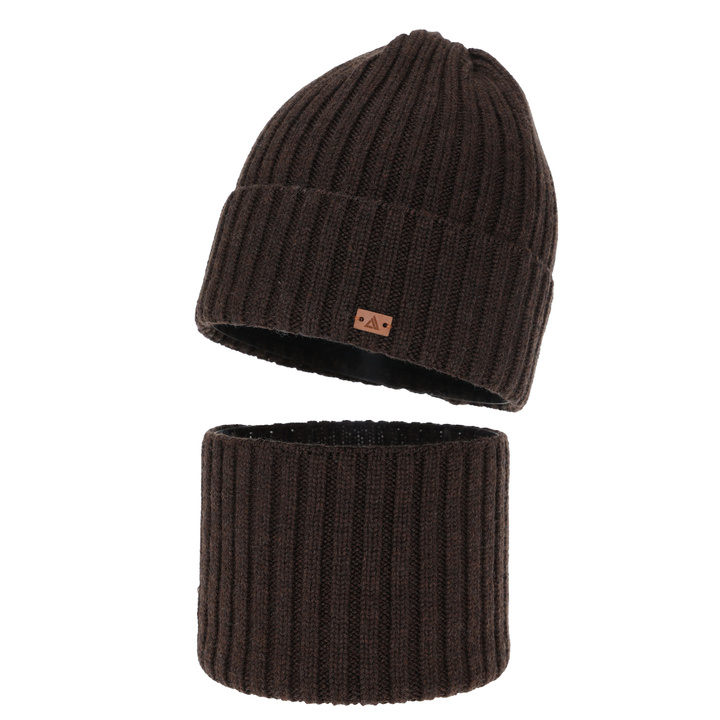 Czapka i komin dla chłopca, zimowy komplet, 100% wełniany merino, brązowy Umberto