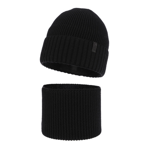 Czapka i komin dla chłopca, zimowy komplet, 100% wełniany merino, z podszyciem z wełny merino, czarny Harbin