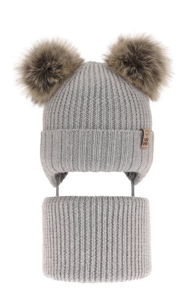 Czapka i komin dla chłopca zimowy komplet, szary, wiązany, 100% wełniany merino Konor