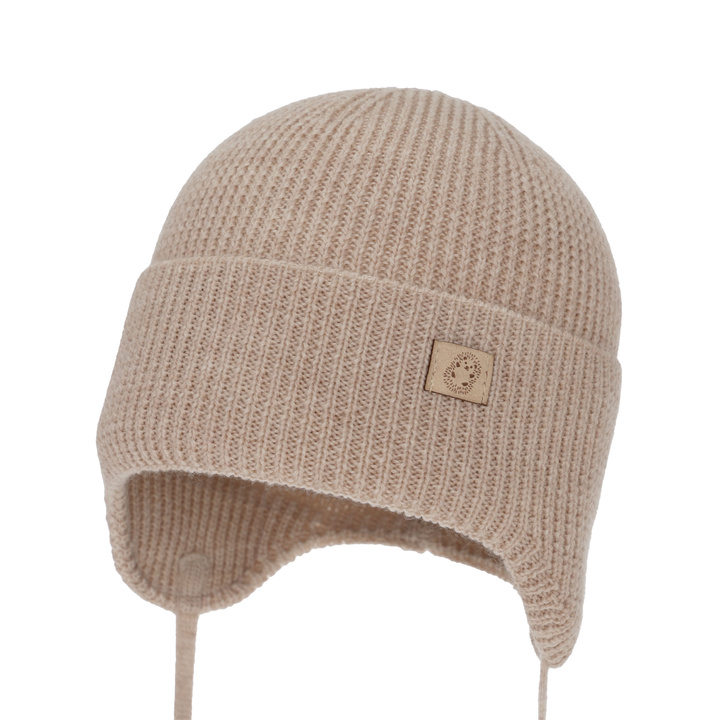 Czapka jesienna, wiosenna dla chłopca, 100% wełniana merino, wiązana, beżowa Bakadi