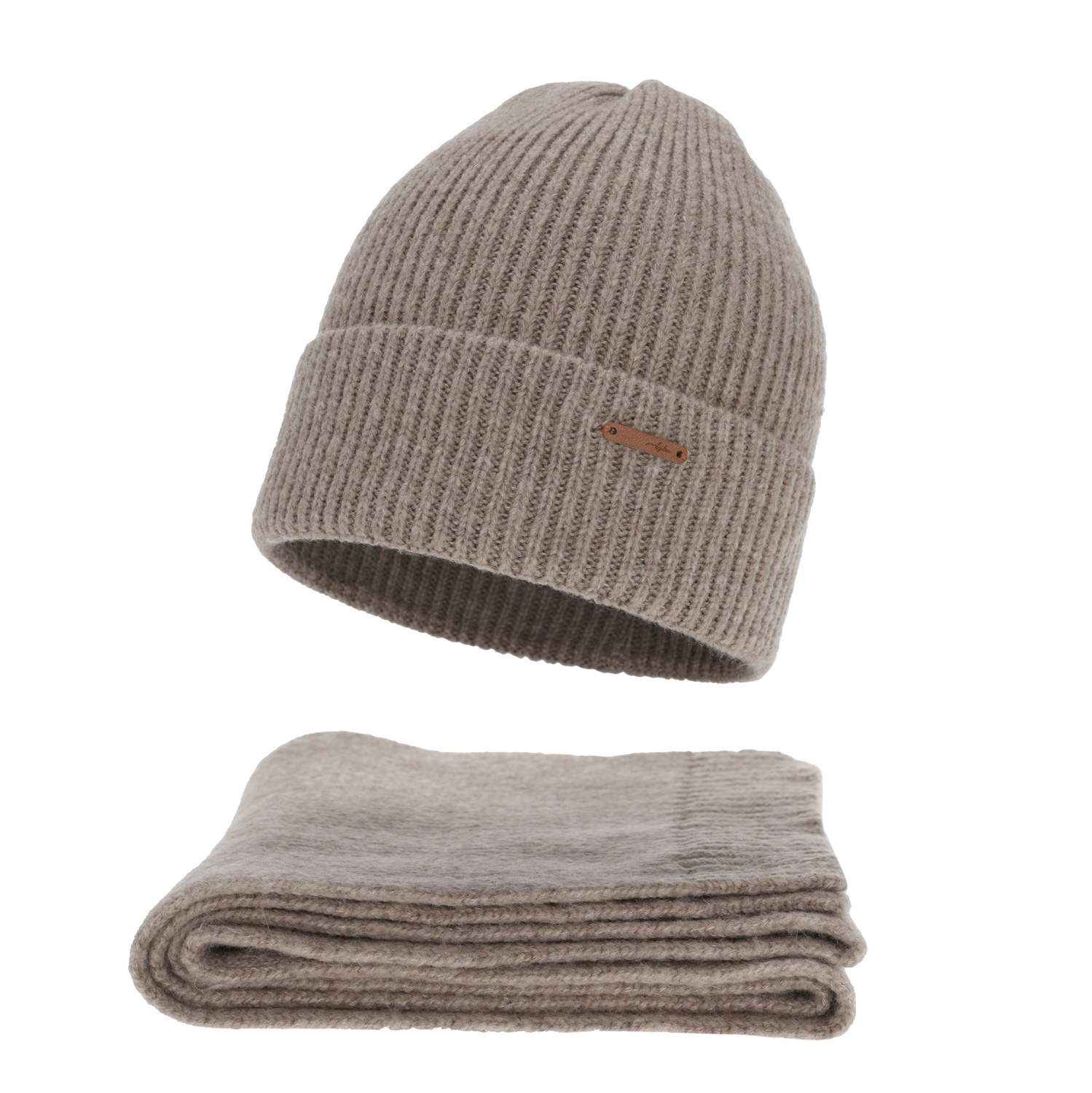 Czapka i szalik damski, zimowy komplet, ciemnobeżowy, z wełną merino, Seala
