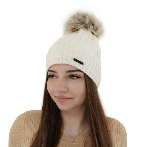 Czapka zimowa damska, kremowa, z wełną merino Talaria