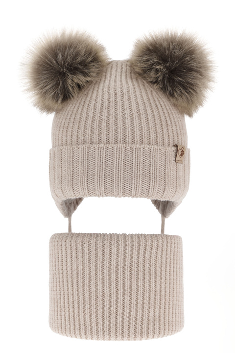 Czapka i komin dla dziewczynki zimowy komplet, beżowy, 100% wełniana merino, wiązany, z dwoma pomponami Silvia