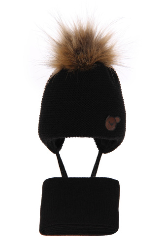 Czapka i szalik dla chłopca zimowy komplet, czarny, z pomponem, wiązany Banksi