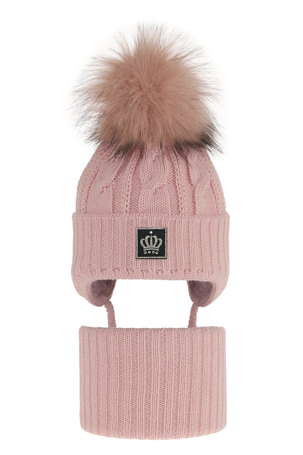 Czapka i komin dla dziewczynki zimowy komplet, różowy, z pomponem Tigra