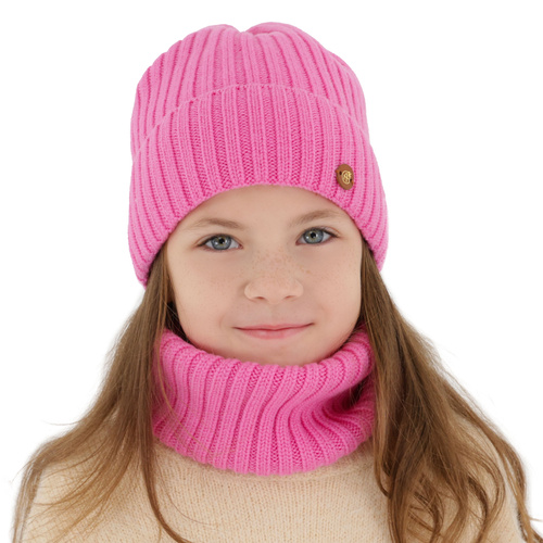 Czapka i komin dla dziewczynki zimowy komplet, jasnobeżowy, 100% wełniany merino, podszyty bawełną Vanira