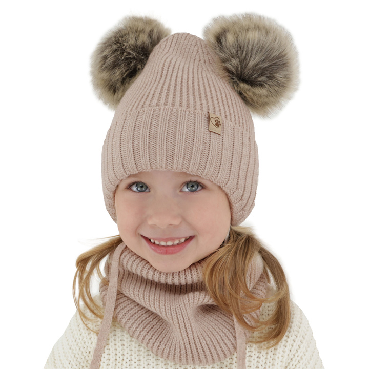Czapka i komin dla dziewczynki zimowy komplet, beżowy, 100% wełniana merino, wiązany, z dwoma pomponami Silvia