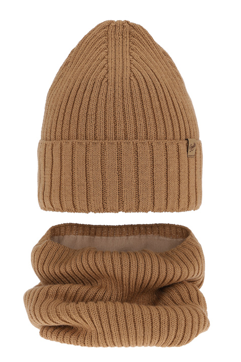 Czapka i komin dla dziewczynki zimowy komplet, camel, wełniany merino Mesalia