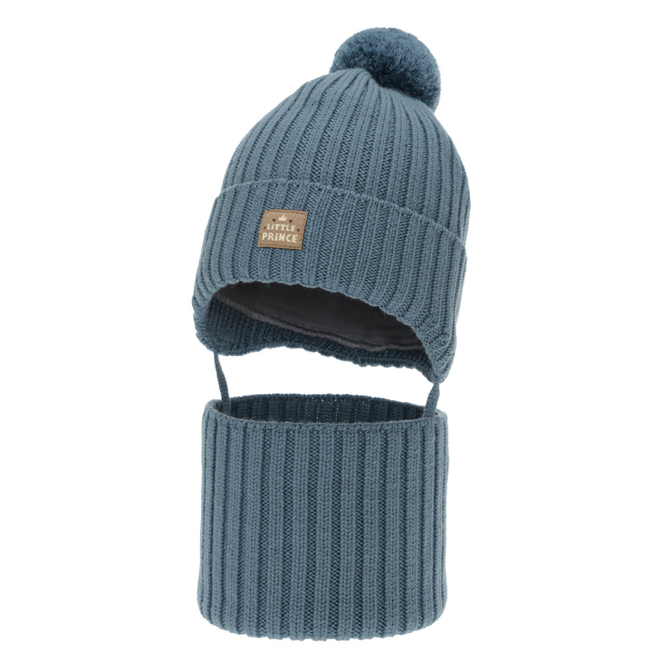 Czapka i komin dla chłopca zimowy komplet, niebieski, 100% wełniany merino, podszyty bawełną, wiązany Masil