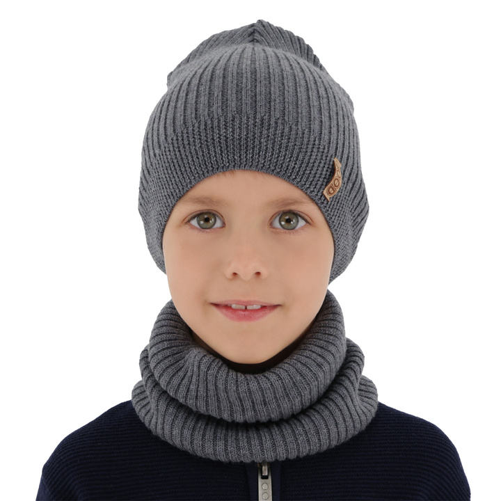 Czapka i komin dla chłopca jesienny, wiosenny komplet, szary, 100% wełniany merino Chester