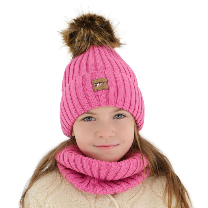 Czapka i komin dla dziewczynki zimowy komplet, różowy, podszyty polarem, z wełną merino Bellina