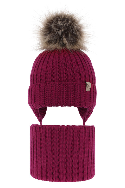 Czapka i komin dla dziewczynki zimowy komplet, fuksja, wiązany, 100% wełniany merino Junika