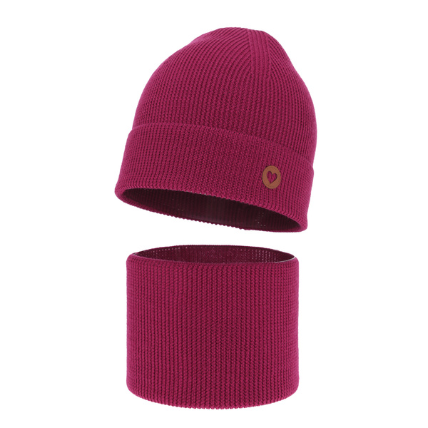 Czapka i komin dla dziewczynki jesienny, wiosenny komplet, amarantowy, 100% wełniana merino Brook