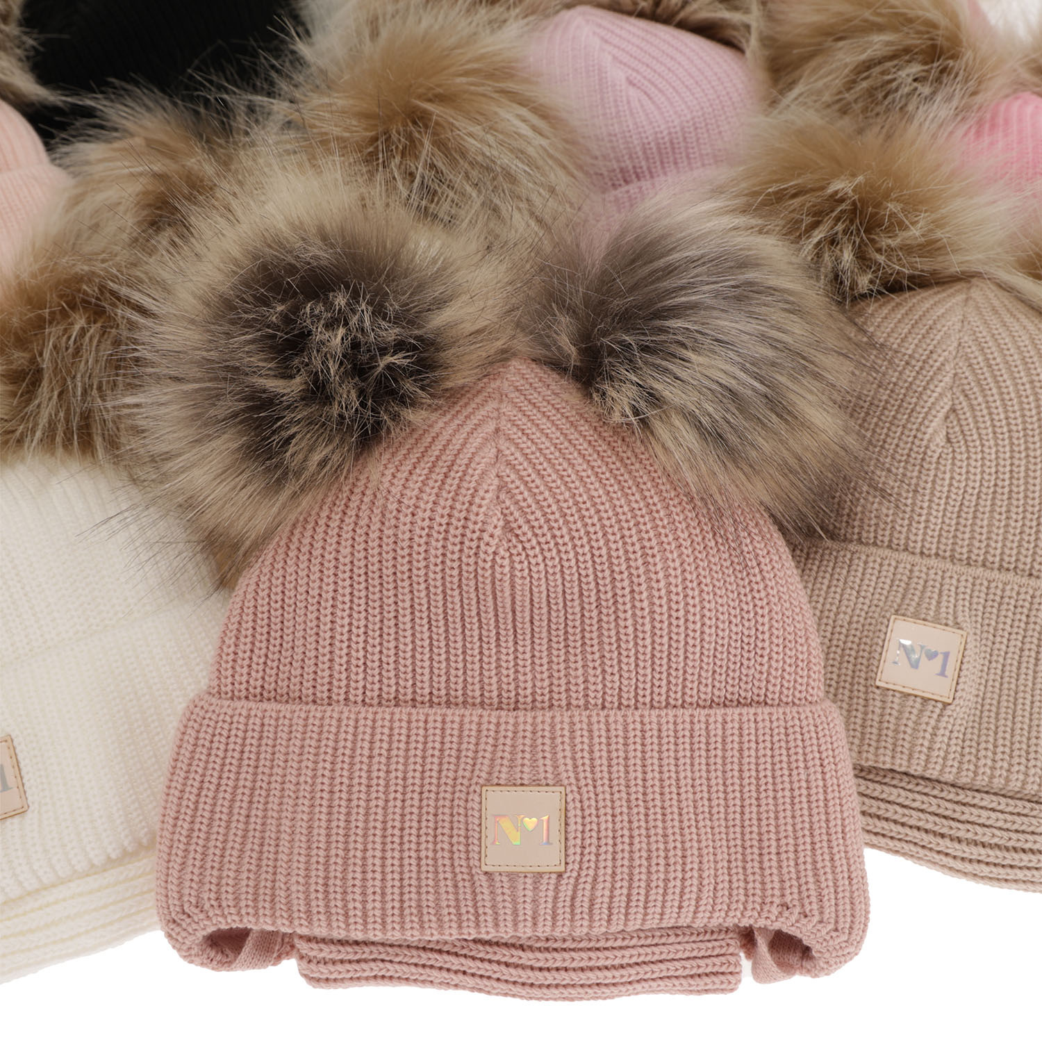 Czapka i komin dla dziewczynki zimowy komplet, beżowy, z dwoma pomponami, wiązany Kiara