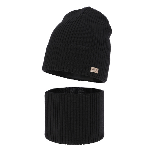 Czapka i komin dla dziewczynki jesienny, wiosenny komplet, czarny, 100% wełniana merino Itra