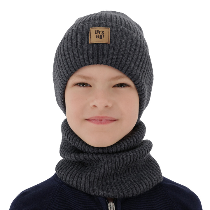 Czapka i komin dla chłopca, jesienny, wiosenny komplet szary 100% wełniany merino Vanto