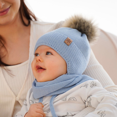 Czapka i szalik dla chłopca zimowy komplet, niebieski, z pomponem, z wełną merino Rafael