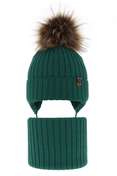 Czapka i komin dla chłopca zimowy komplet, zielony, 100% wełniany merino, wiązany Juno