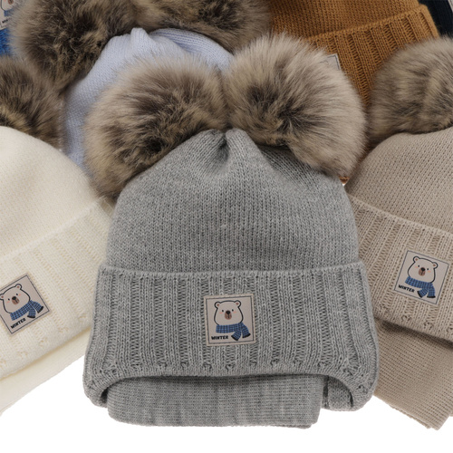 Czapka i szalik dla chłopca zimowy komplet, niebieski, z dwoma pomponami, wiązany Jewel