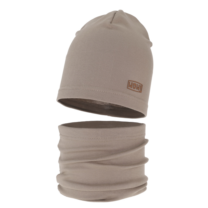 Czapka i komin dla chłopca jesienny, wiosenny komplet, ciemny beż, bawełniany Frizer